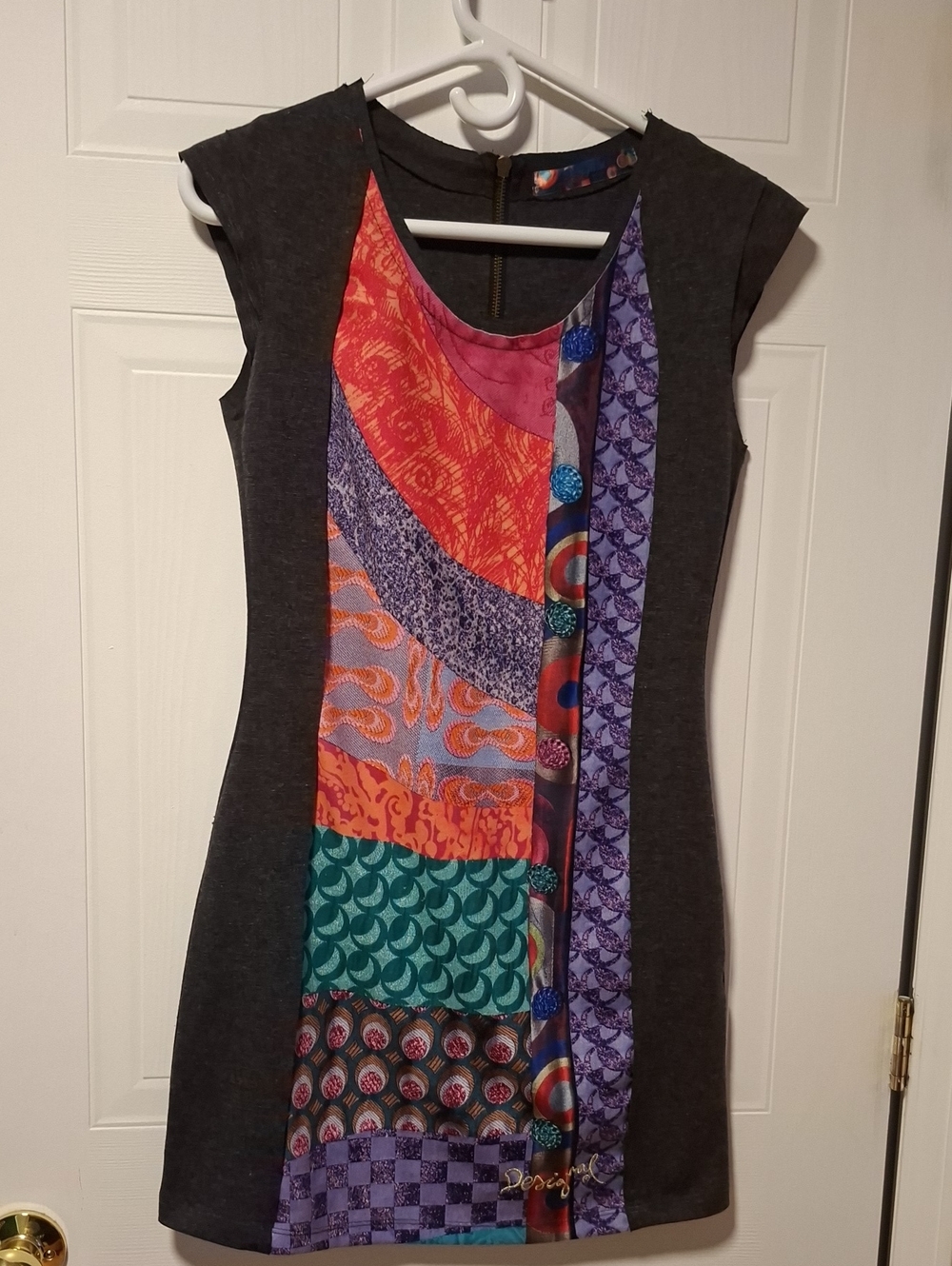 Desigual Dark Gray Shift Dress with Multicolor Front Panels